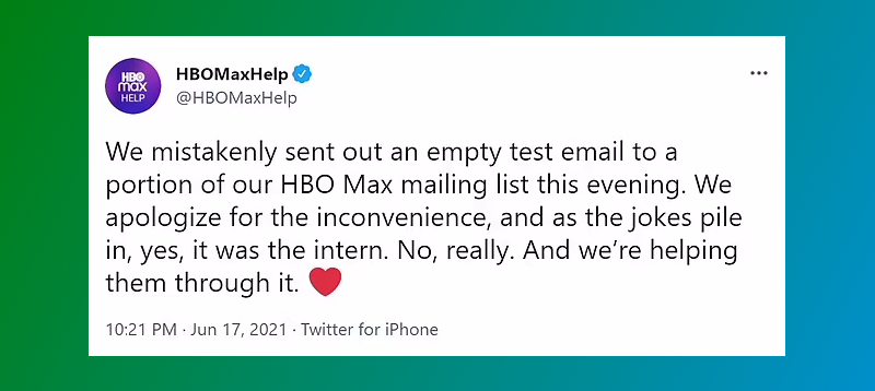 Picture of Tweet from HBO apologising for mass email
