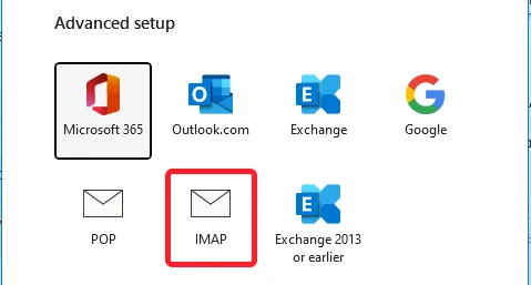 Adding a new account in Outlook - choose IMAP