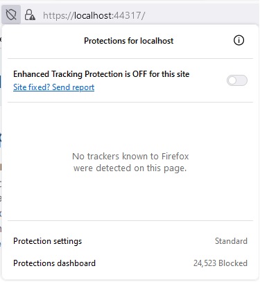 Turn off Firefox's enhanced tracking protection for your app. Example shown here of turning it off for localhost.