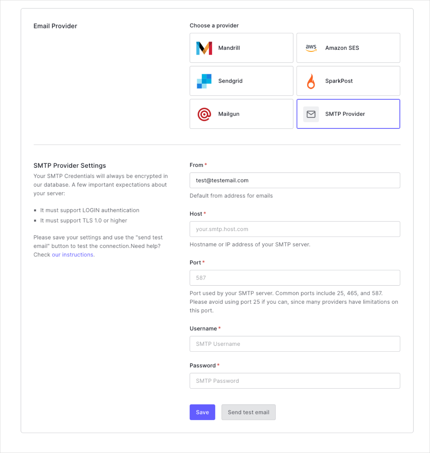 Screenshot of Auth0 SMTP provider settings