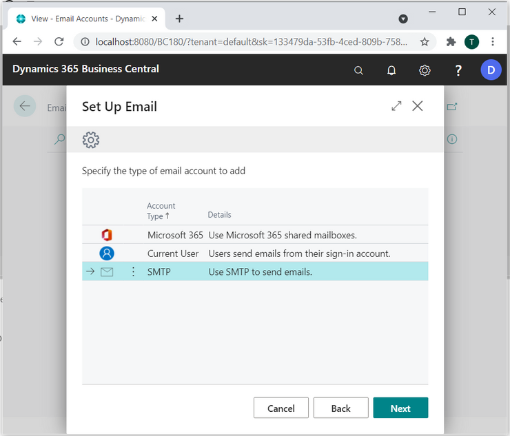 Screenshot of Microsoft Dynamics set up email