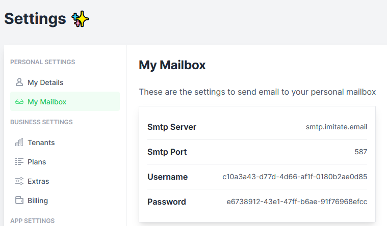 Screenshot of Imitate Email personal settings